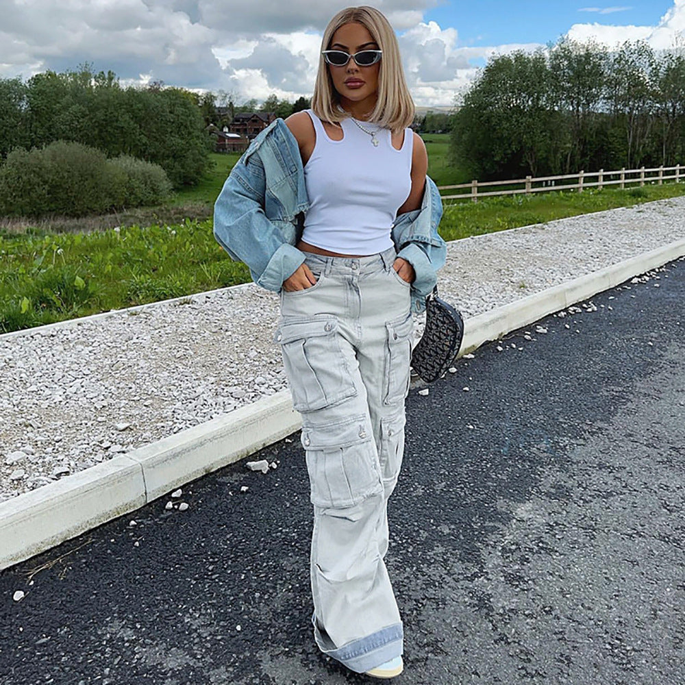 Straight Leg Cargo Denim Jeans For Women, Vintage Multi Pocket Floor Length