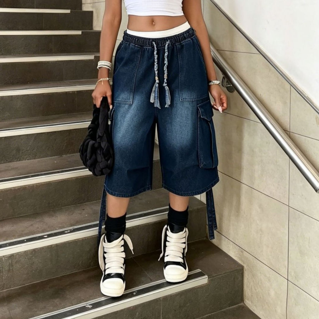 Workwear Denim Pants With Washed Finish Elastic Drawstring Waist Casual Style