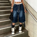 Workwear Denim Pants With Washed Finish Elastic Drawstring Waist Casual Style