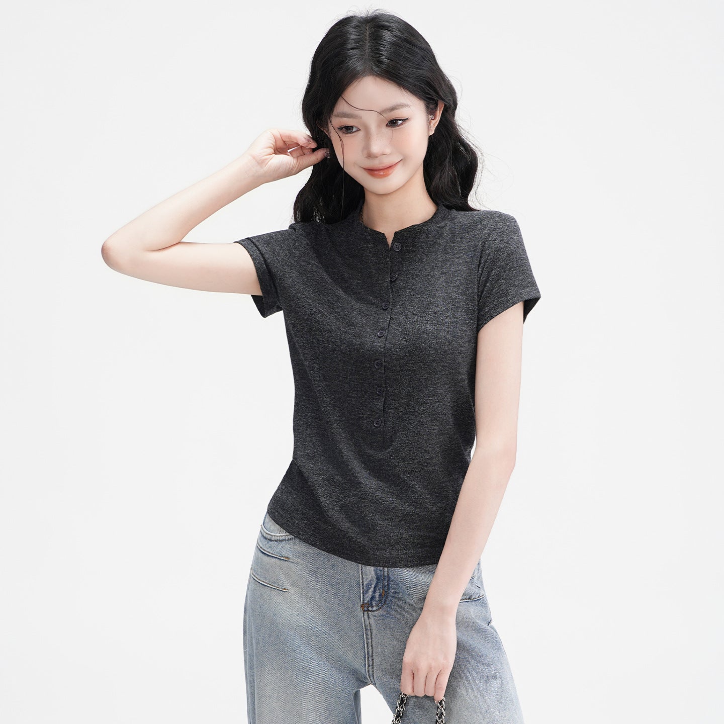 Elegant Half Open Collar Buttoned Shoulder Short Sleeve T Shirt For Women