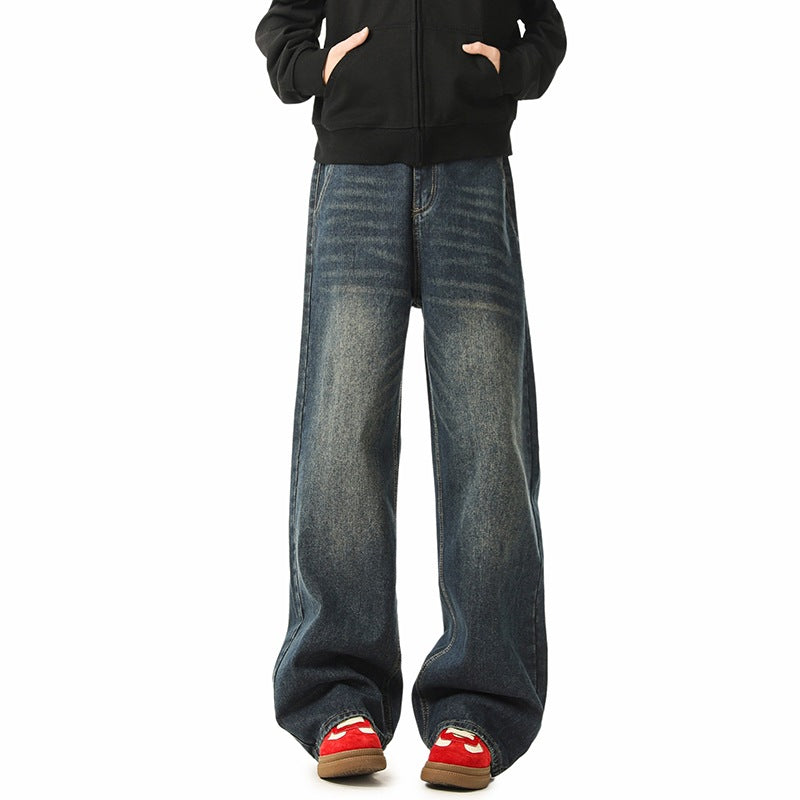 Men Retro Blue Straight Leg Jeans Loose Fit Vintage Streetwear Style
