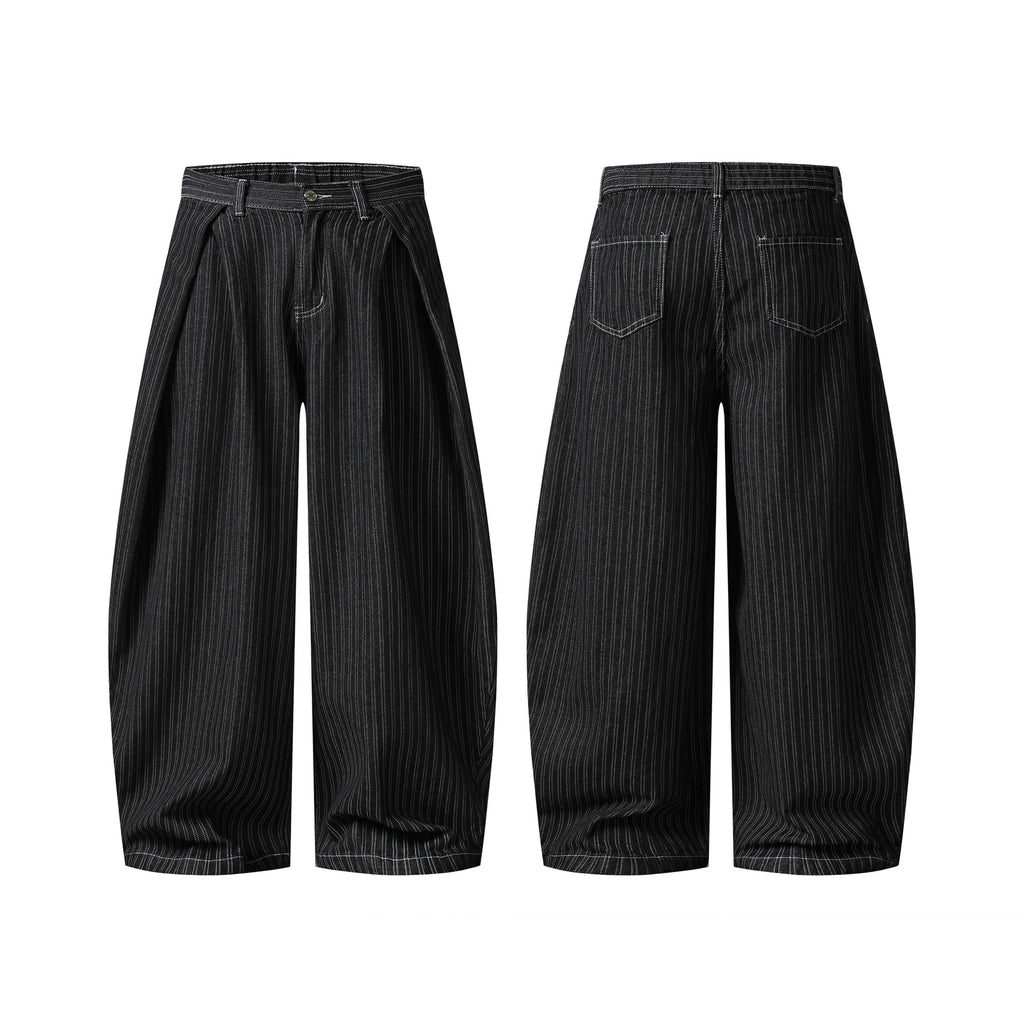 Black Pleated Stripe Wide Leg Cotton Denim Pants For Men High Waist Comfort