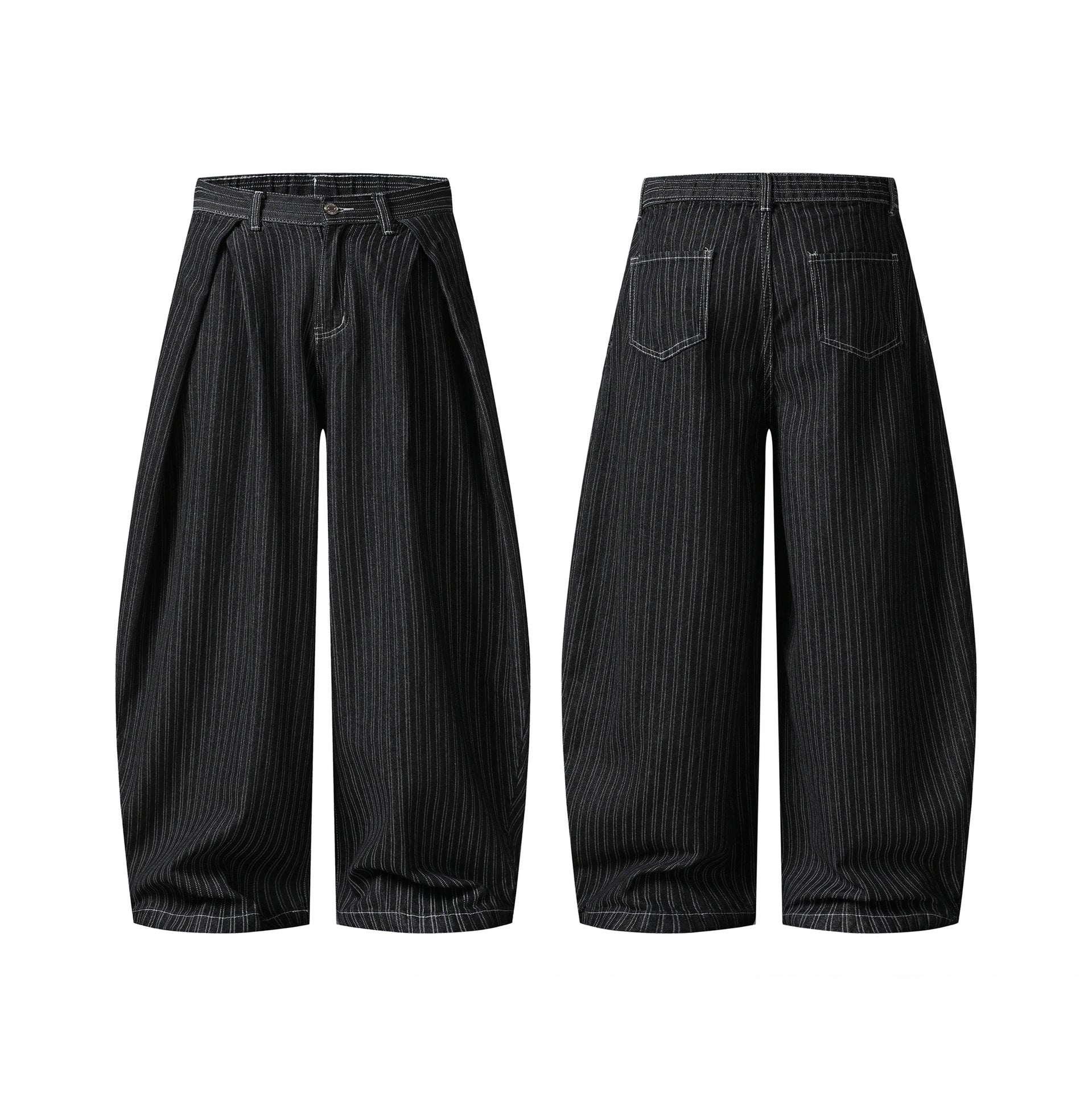 Black Pleated Stripe Wide Leg Cotton Denim Pants For Men High Waist Comfort