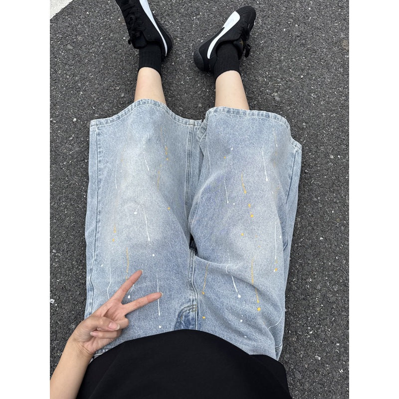 Mens Wide Leg Denim Pants Cropped Loose Fit Meteor Design Retro Style