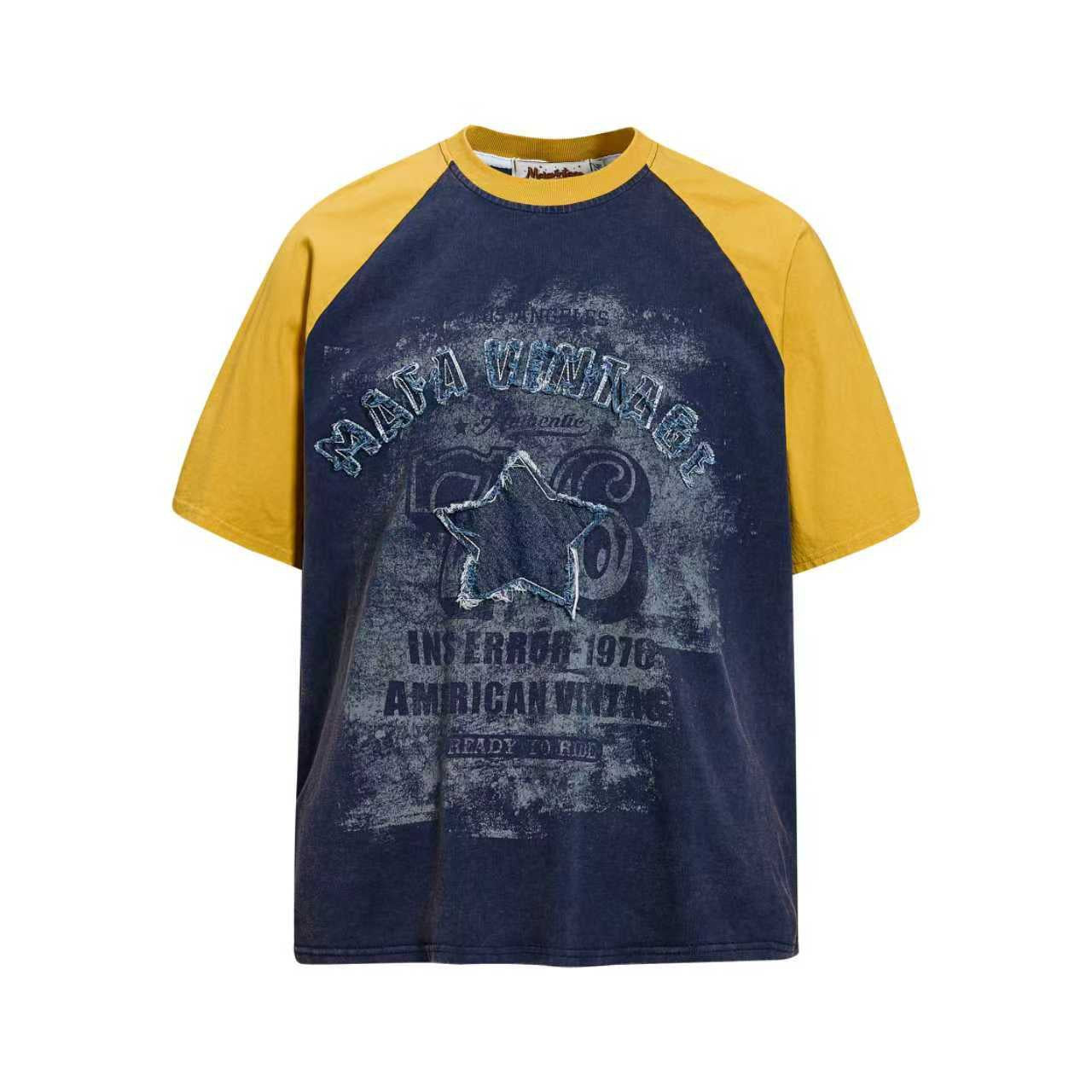 Star Sticker Embroidered Short Sleeve Shirt Navy Blue Cotton