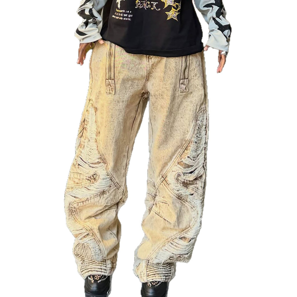 Heavily Distressed Irregular Ripped Jeans With Knife Edge Details In Brown Denim