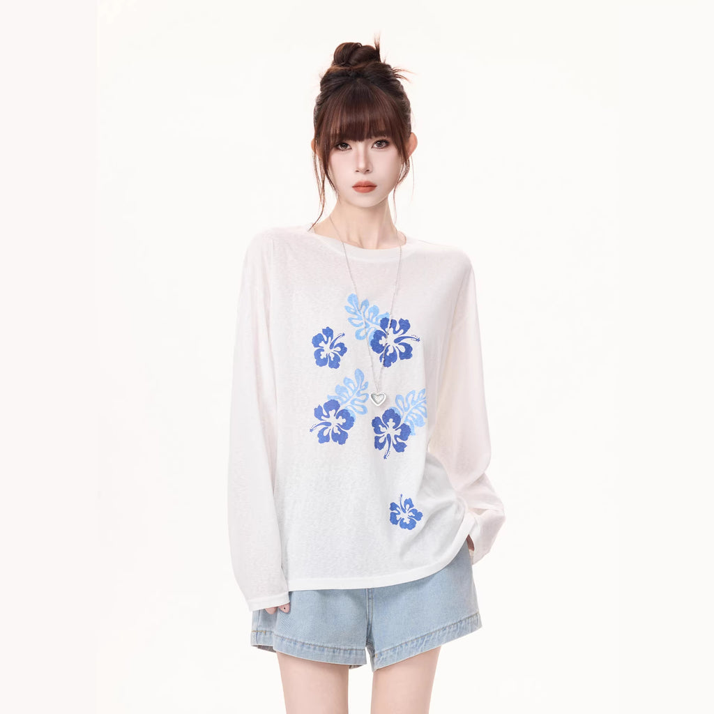 Ice Silk Floral Lightweight Cover Up Top For Women Long Sleeve Loose Fit