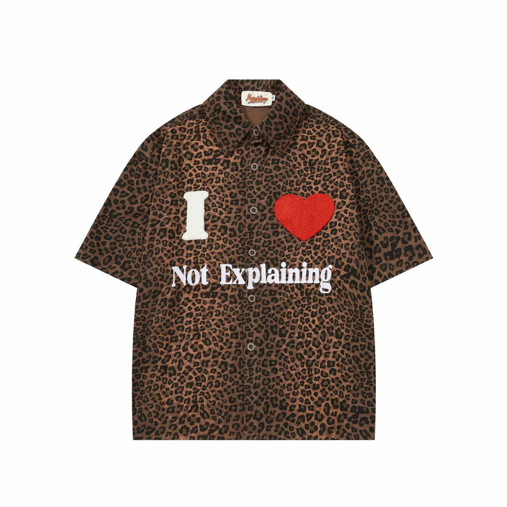Leopard Print Heart Embroidered Short Sleeve Cotton Shirt