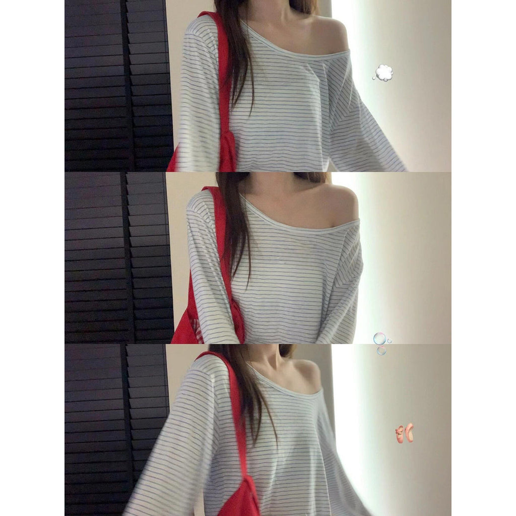 Blue Striped Sun Protection Shirt for Women with Asymmetrical Neck
