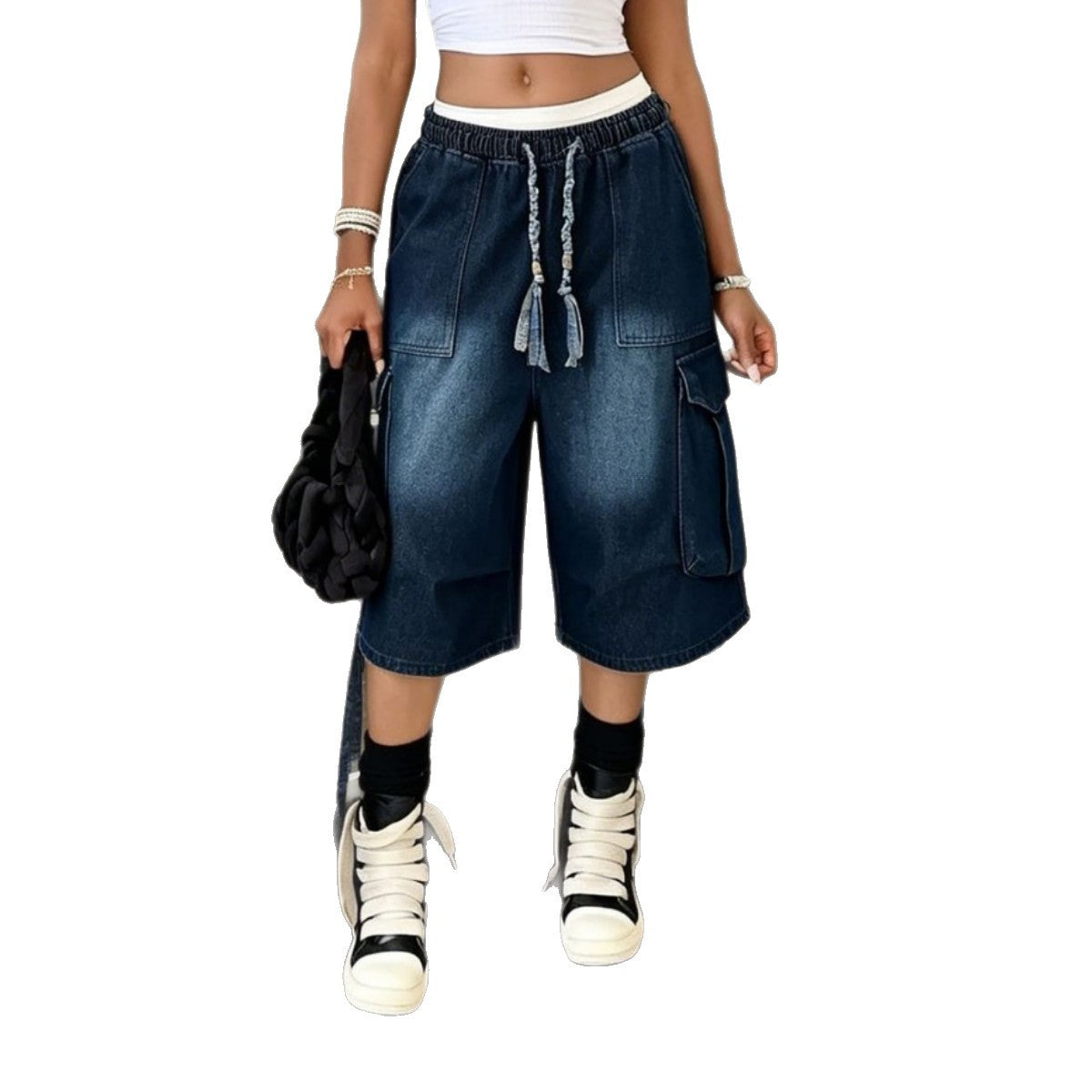 Workwear Denim Pants With Washed Finish Elastic Drawstring Waist Casual Style