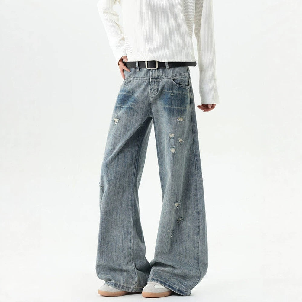 Blue Bamboo Texture Distressed Washed Jeans Oversized Tapered Straight Leg