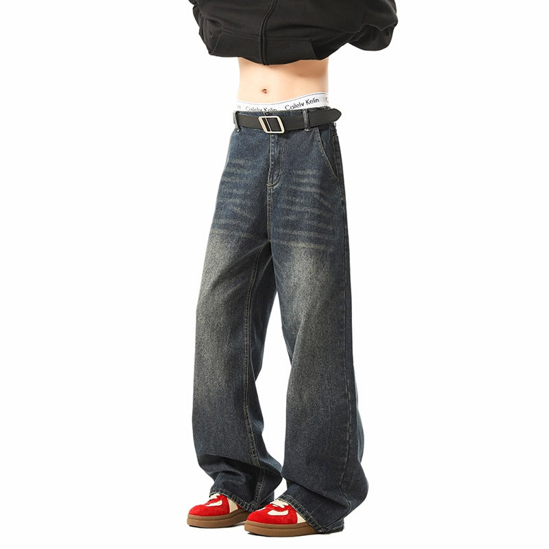 Men Retro Blue Straight Leg Jeans Loose Fit Vintage Streetwear Style