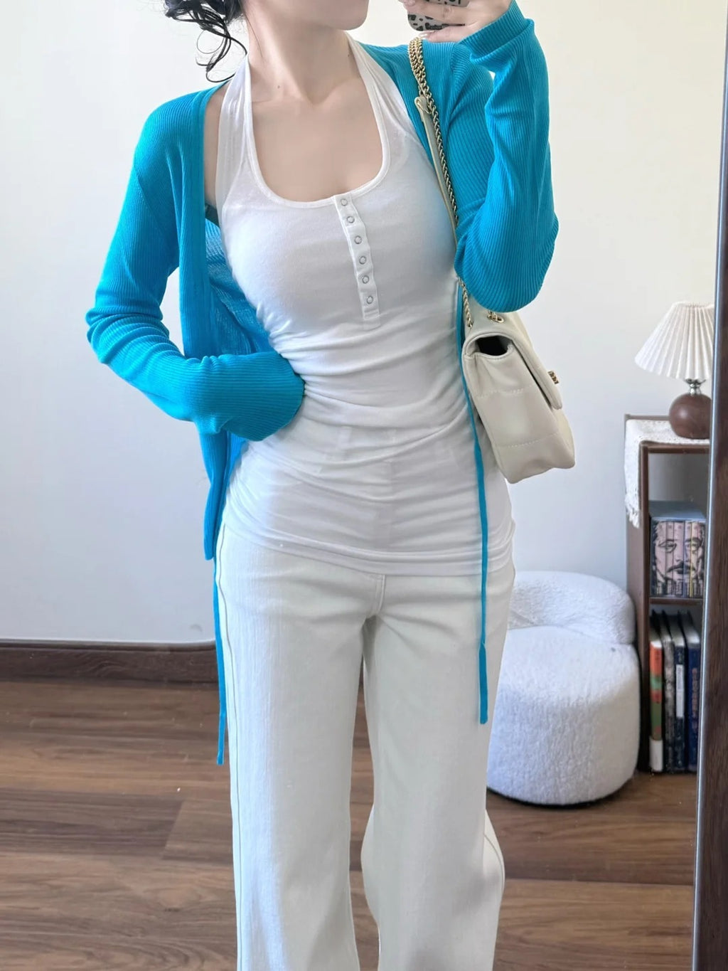 Lightweight Tie Neck V Neck Knit Cardigan For Women Blue Short Length