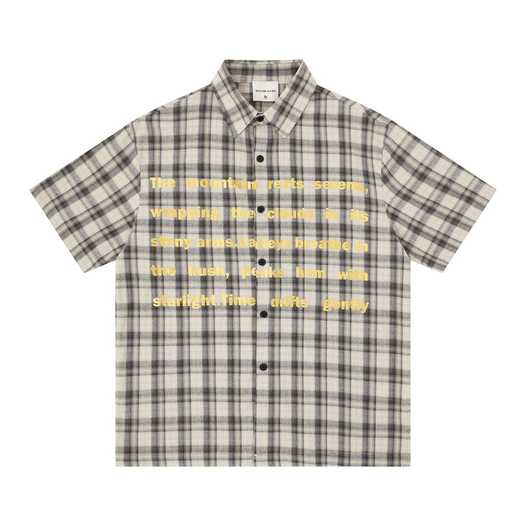 English Poetry Print Cotton Short Sleeve Shirt Loose Fit Turn Down Collar