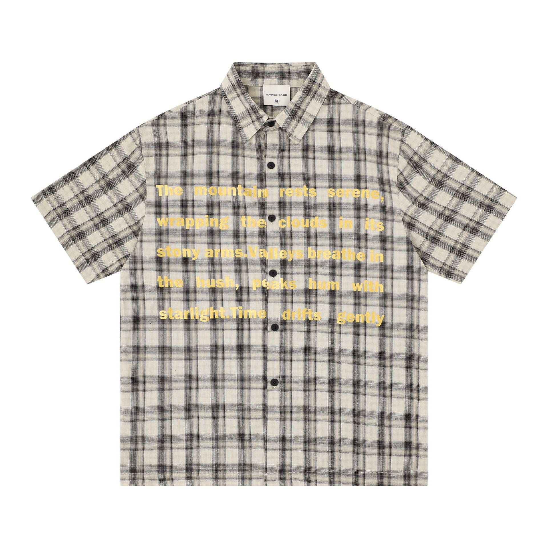 English Poetry Print Cotton Short Sleeve Shirt Loose Fit Turn Down Collar