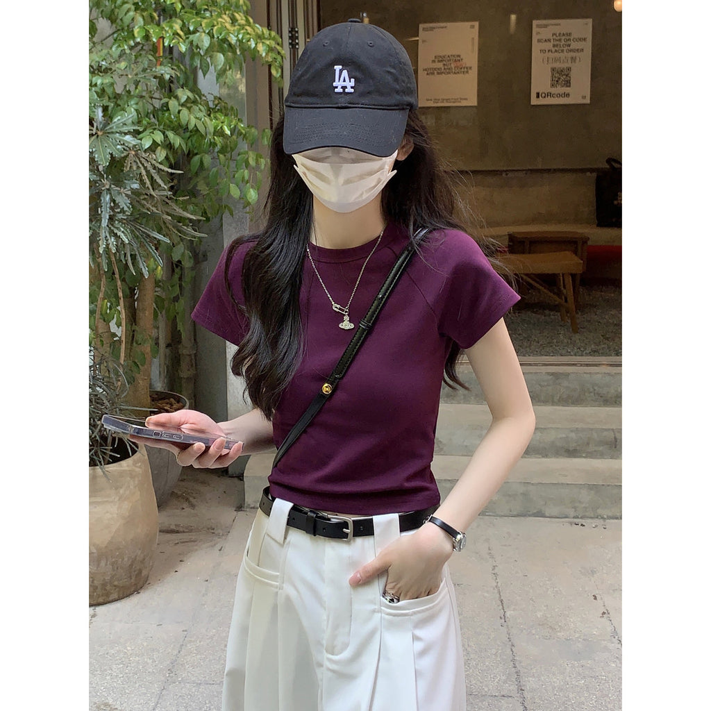Korean Style Raglan Sleeve Crop Top For Women Slim Fit Short Cotton Blend