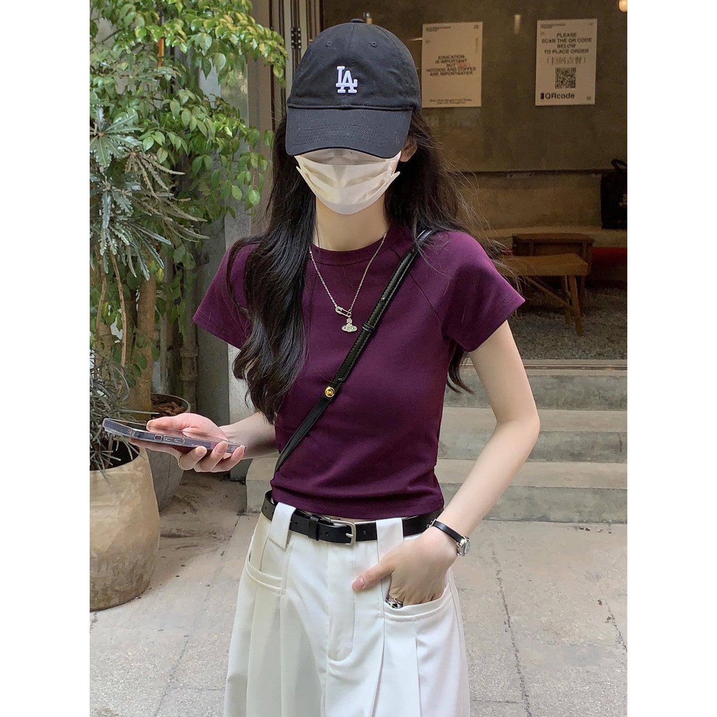 Korean Style Raglan Sleeve Crop Top For Women Slim Fit Short Cotton Blend