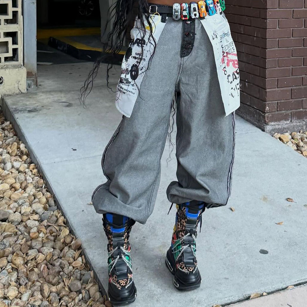 Streetwear Reversible Printed Jeans With Large Pocket Denim Black Straight Leg