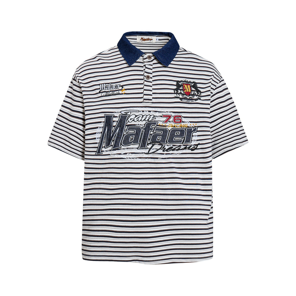 Blue Floral Print Short Sleeve Casual Shirt With Embroidered Stripe Cotton Blend