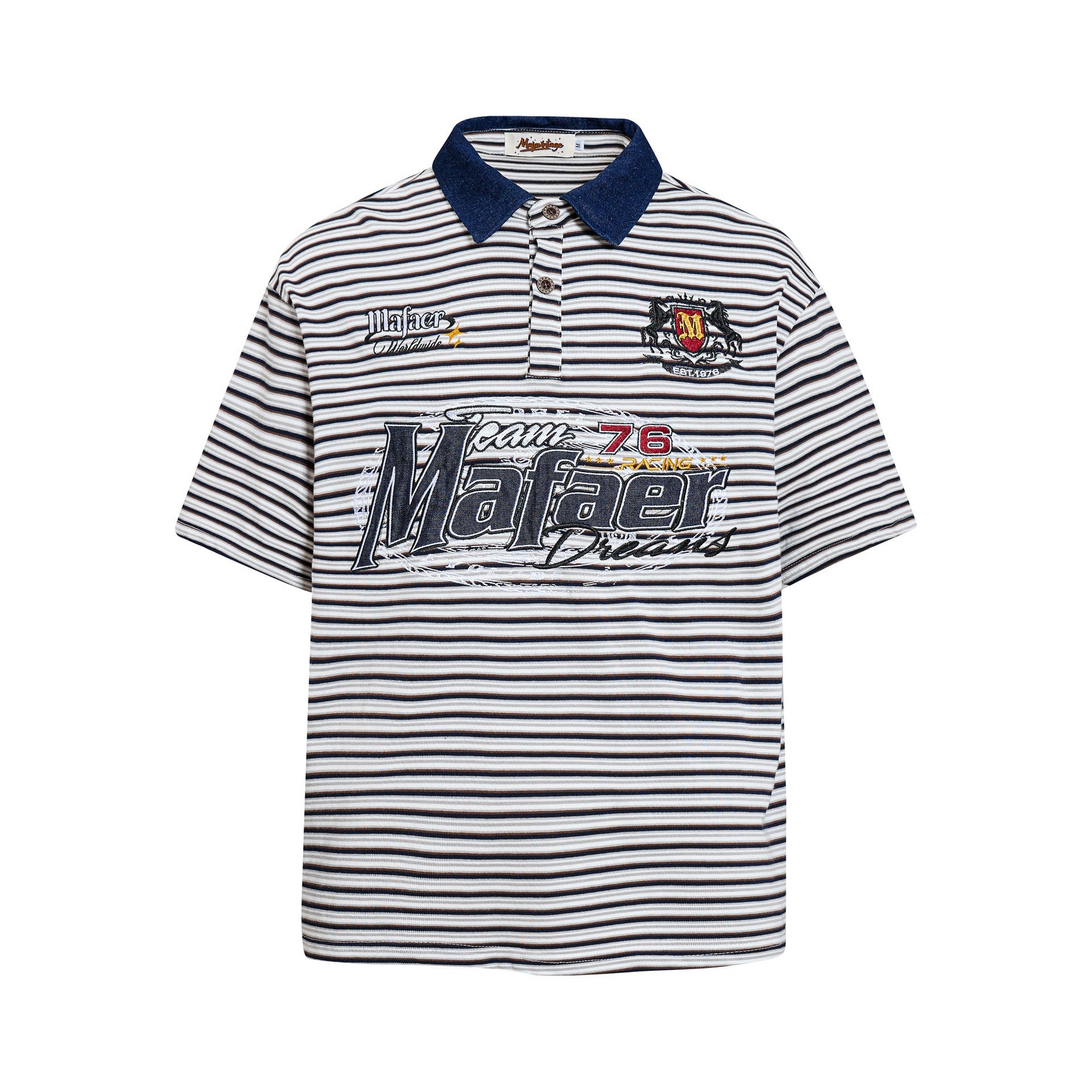 Blue Floral Print Short Sleeve Casual Shirt With Embroidered Stripe Cotton Blend