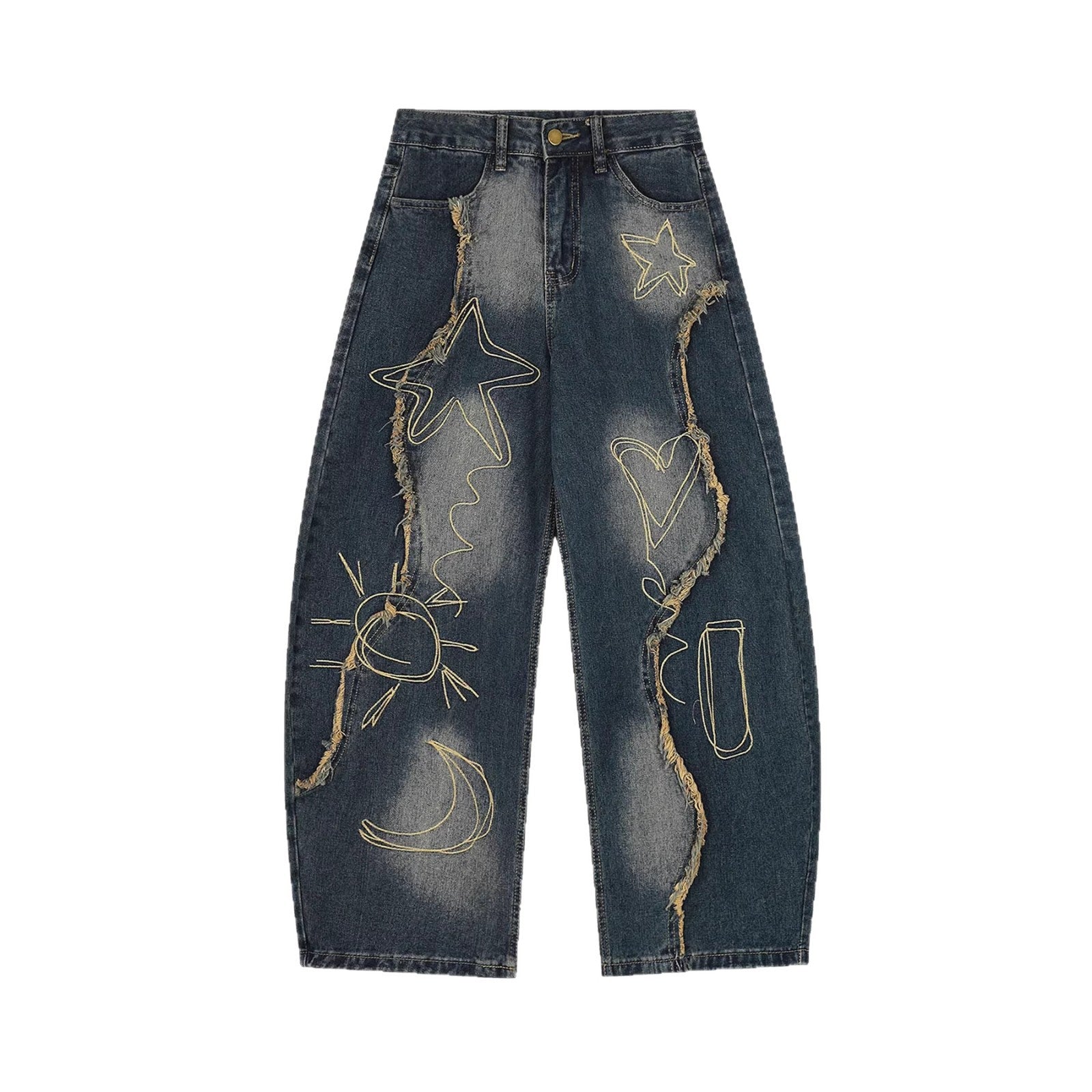Desert Style Distressed Raw Hem Knife Denim Jeans Loose Fit Streetwear
