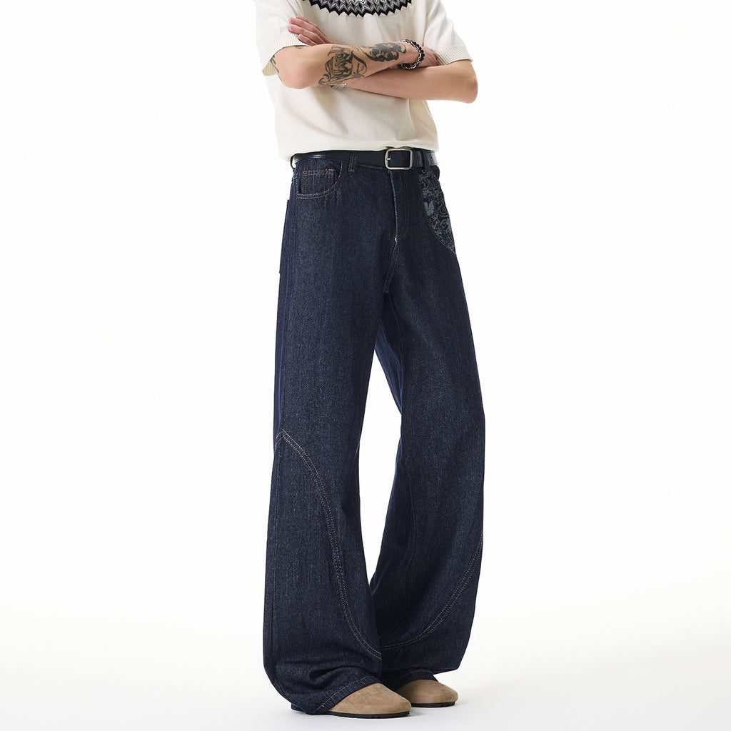 Mens Wide Leg Jeans Black Cotton Denim Streetwear Embroidered Loose Fit
