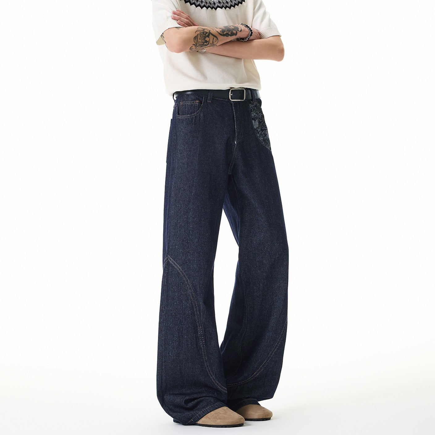 Mens Wide Leg Jeans Black Cotton Denim Streetwear Embroidered Loose Fit