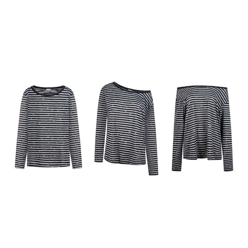Color Blocked Stripe Long Sleeve Top Cotton Lyocell Blend Anime Cartoon Pattern