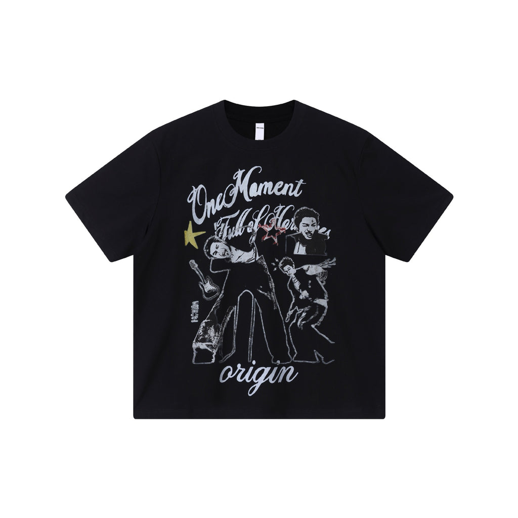 Rock Portrait Printed Short Sleeve Cotton Blend T Shirt With Flower Pattern