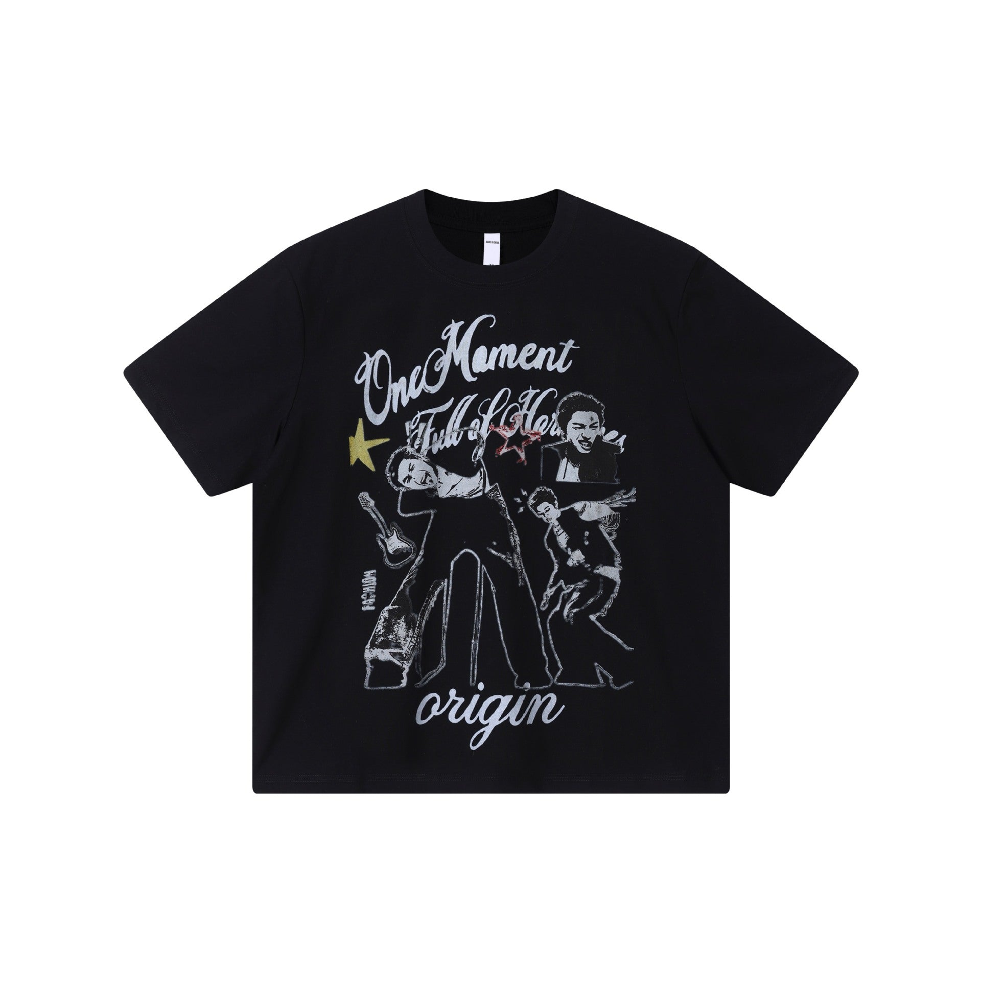 Rock Portrait Printed Short Sleeve Cotton Blend T Shirt With Flower Pattern