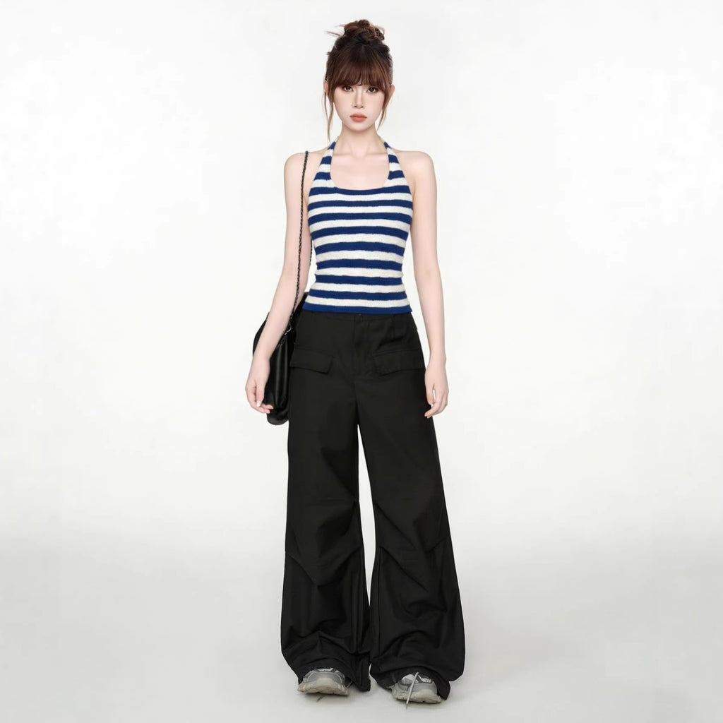 Blue and White Stripe Knit Halter Crop Top for Women Sleeveless Vest