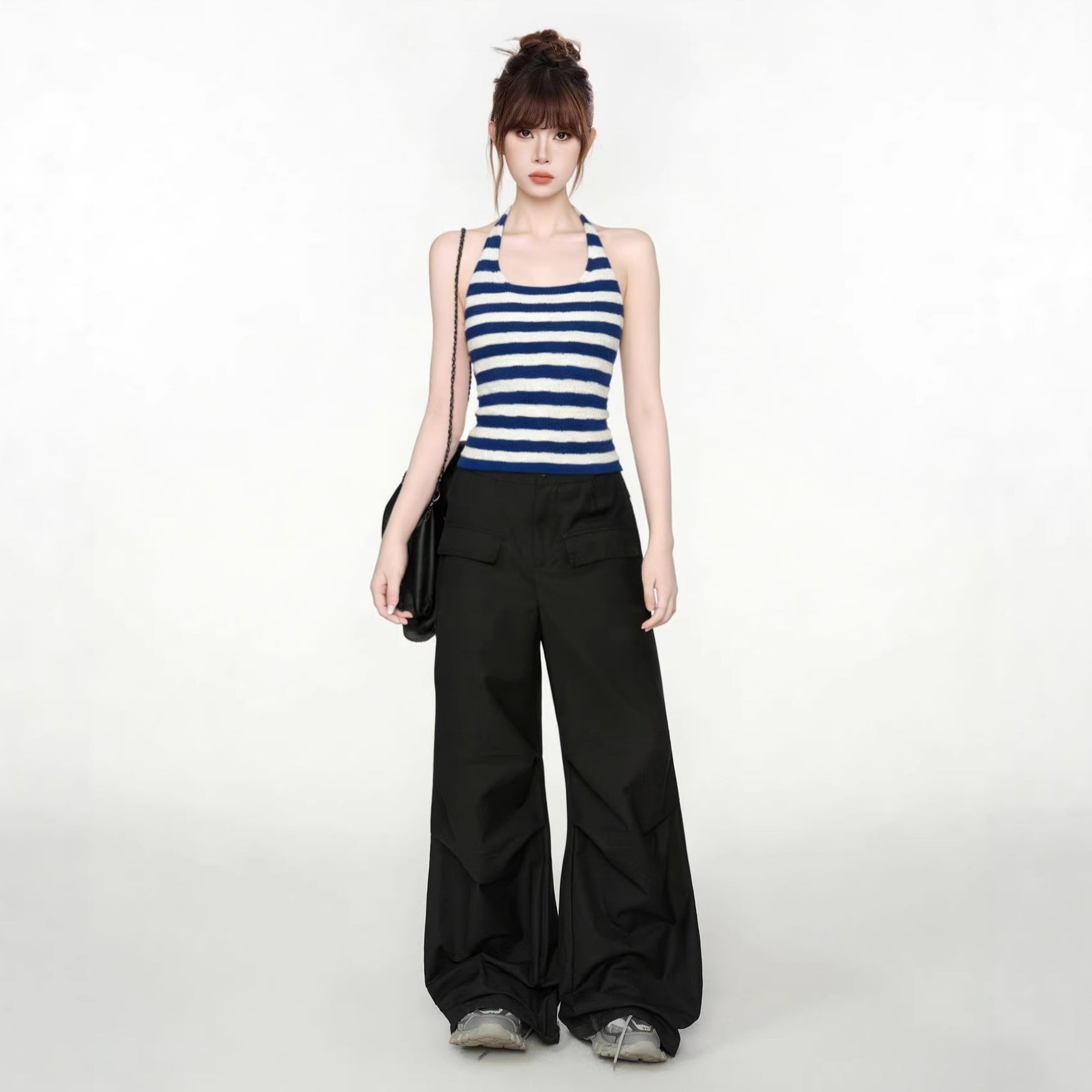 Blue and White Stripe Knit Halter Crop Top for Women Sleeveless Vest