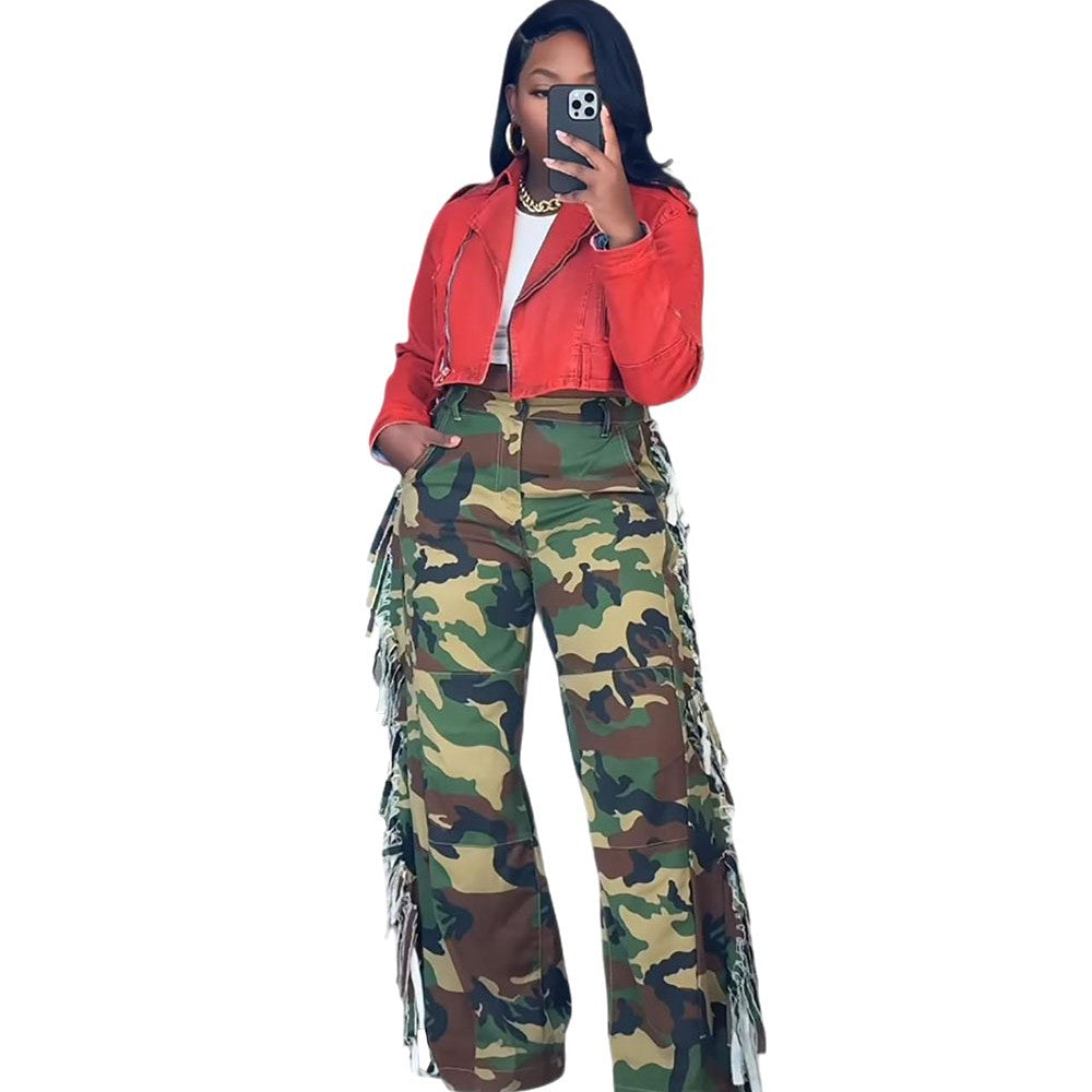 Women's Camouflage Denim Pants With Side Frayed Edge And Wide Leg