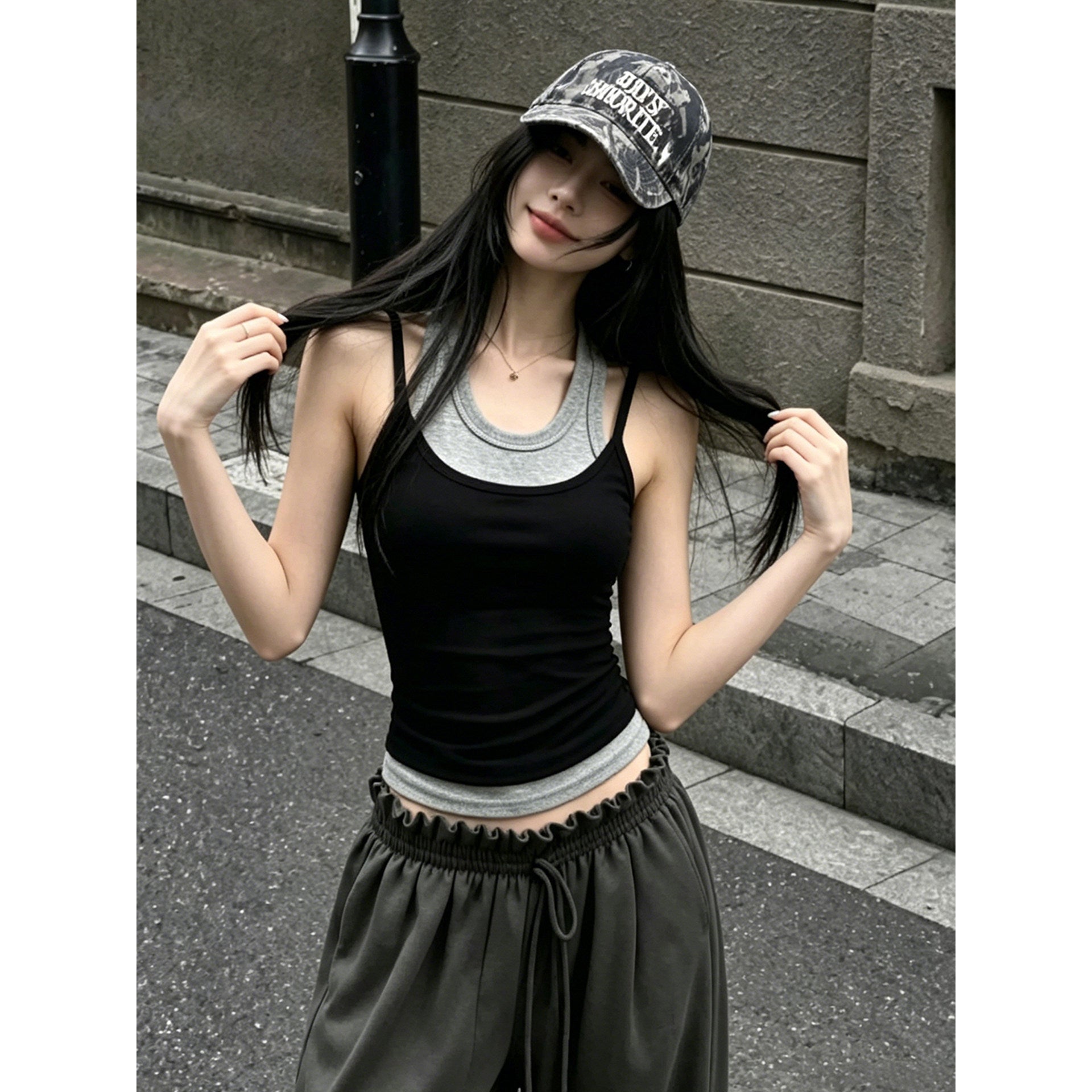 Ladies False Two Piece Base Layer Tank Top Slim Fitted Sporty Vest