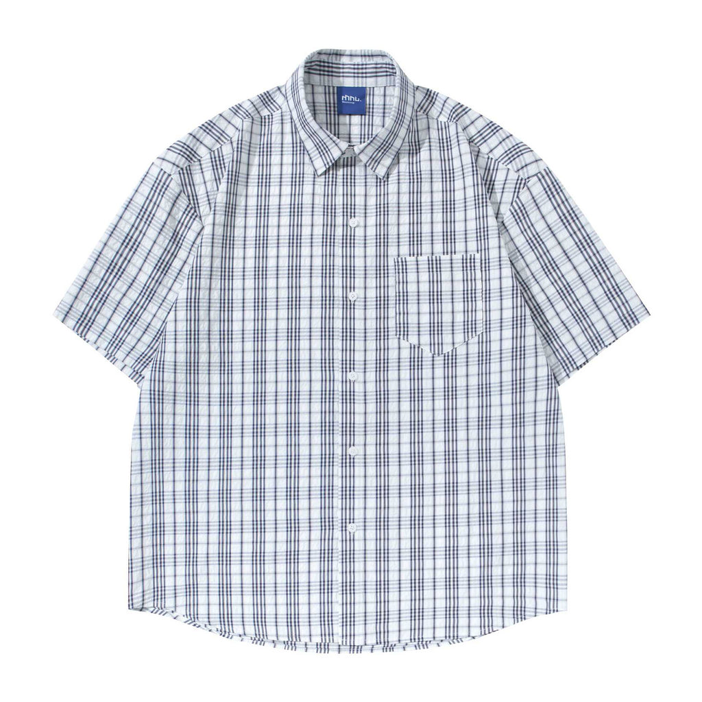 Texture Plaid Shirt T Shirt Casual Short Sleeve Apricot Blue Turn Down Collar