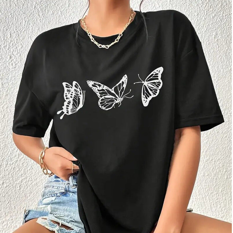 Butterfly Print Round Neck Cotton Unisex Casual T Shirt Black Loose Fit