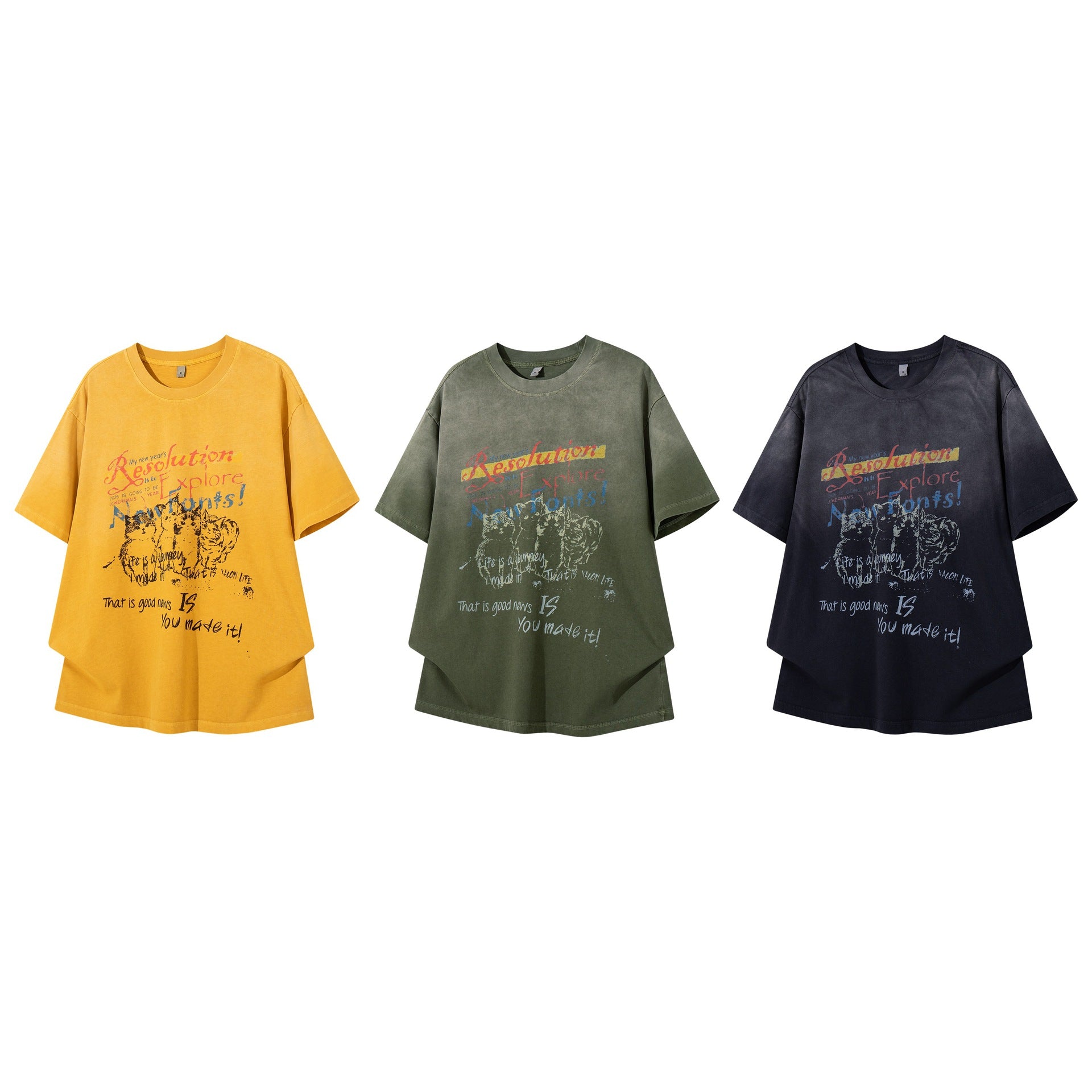 Vintage Cat Print Short Sleeve Tee For Men Floral Cotton Blend Casual