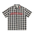 Mens Embroidered Plaid Short Sleeve Shirt With Flip Collar Pink And Black