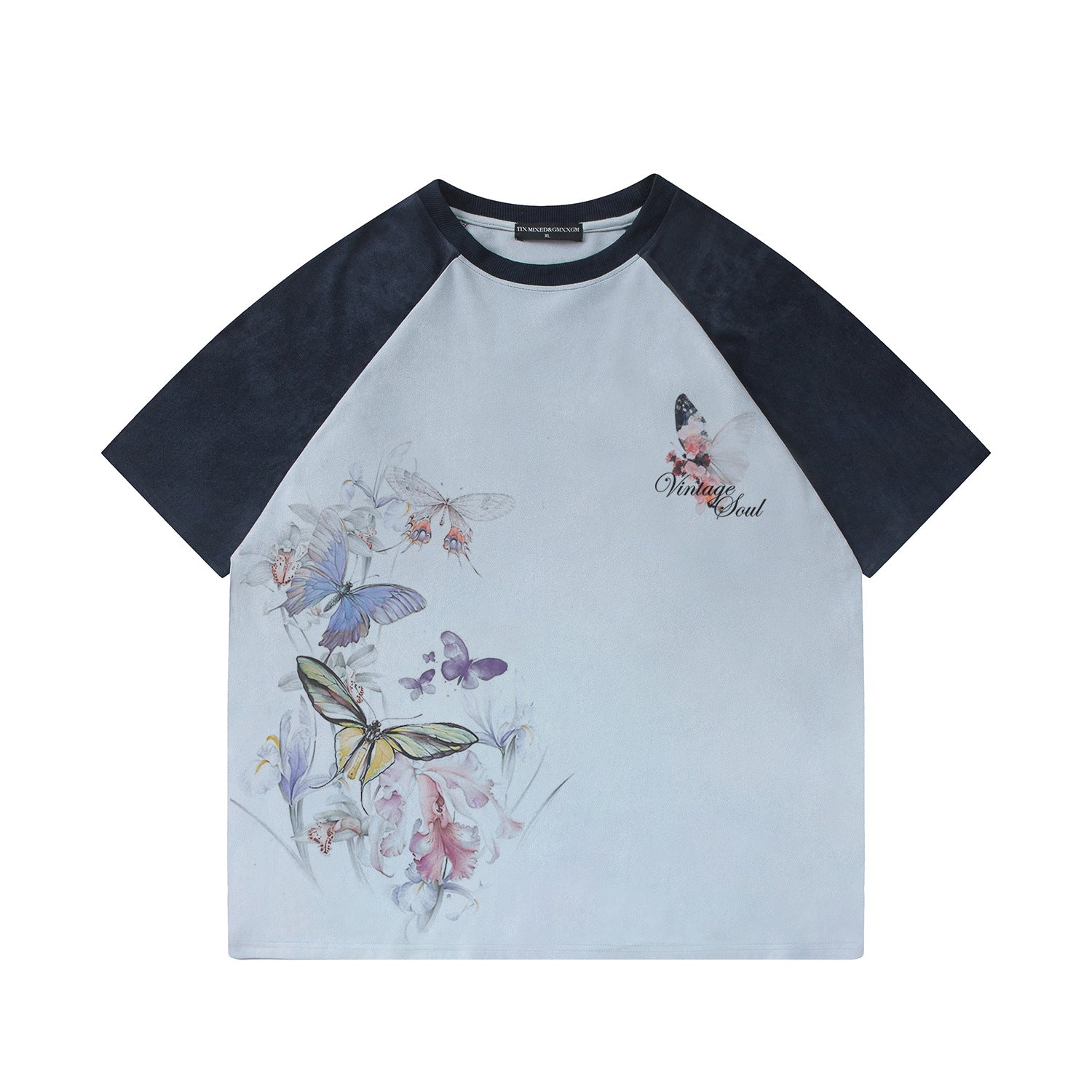 Ink Butterfly Print Short Sleeve Shirt Cotton Blend Floral Tee Loose Fit