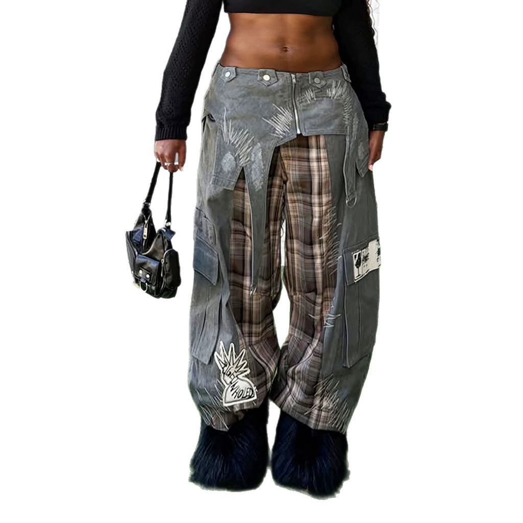 Street Style Heavy Duty Denim Jeans With Plaid Patchwork Embroidered Grey