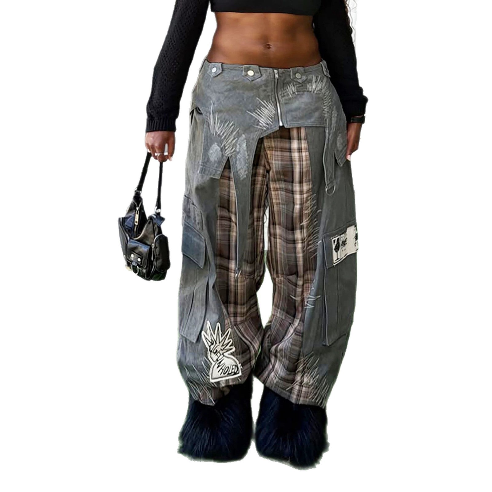 Street Style Heavy Duty Denim Jeans With Plaid Patchwork Embroidered Grey