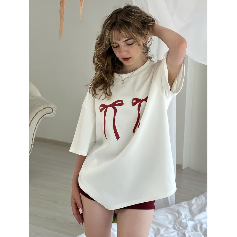 Loose Bow Print Top Round Neck Cotton Japanese Style Short Sleeve Casual