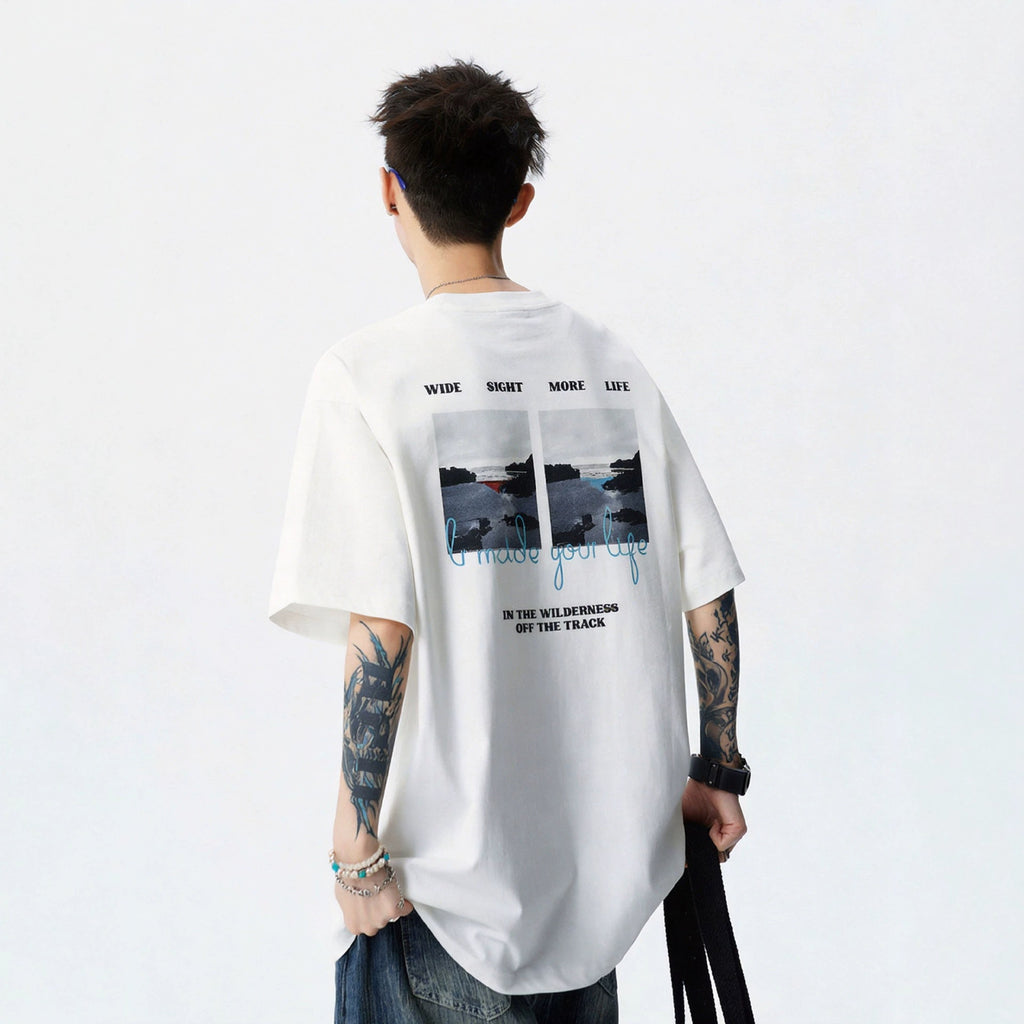 Mens Hong Kong Style Letter Print Short Sleeve T Shirt Loose Fit