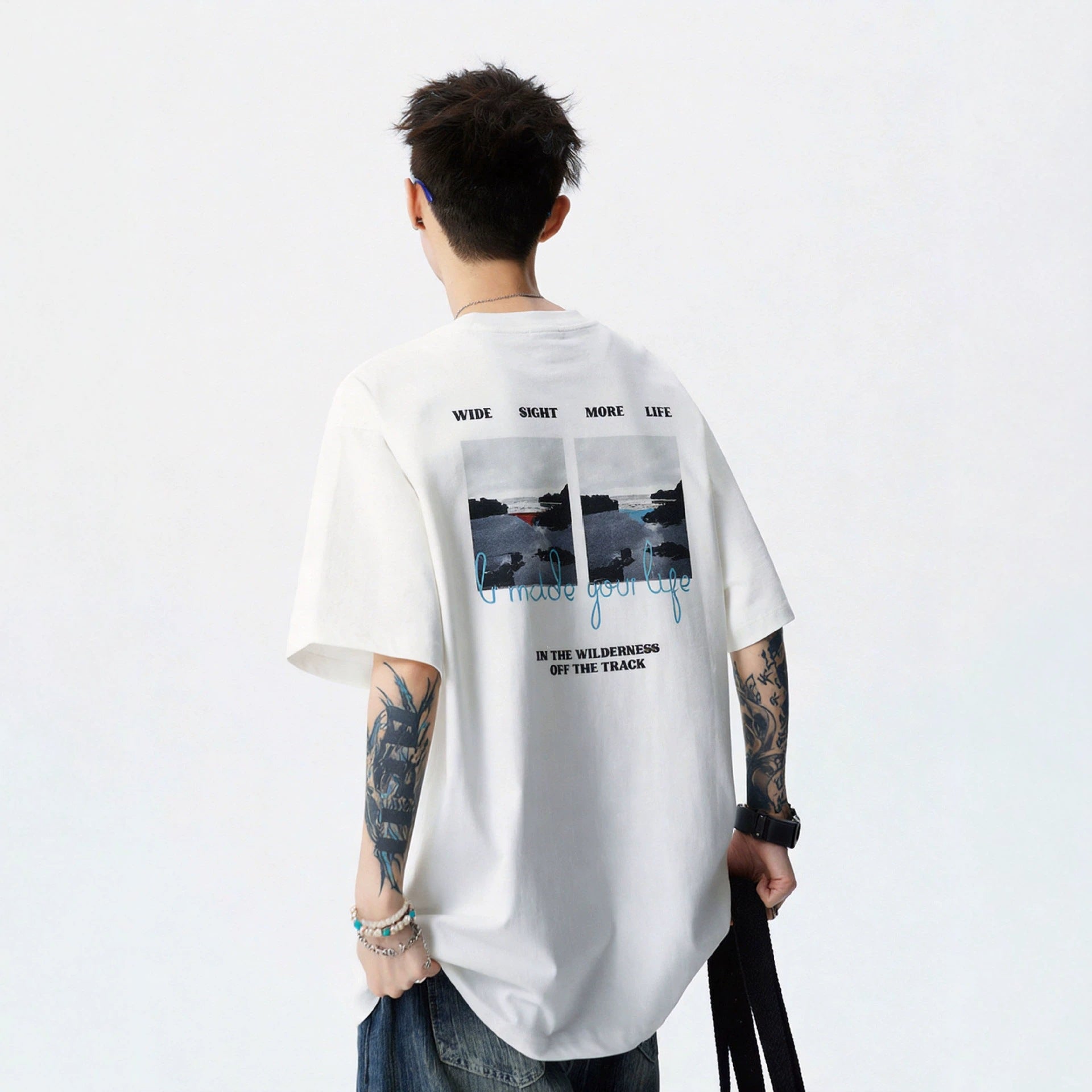 Mens Hong Kong Style Letter Print Short Sleeve T Shirt Loose Fit