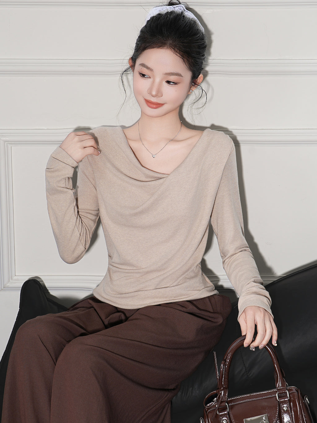 Asymmetric Off Shoulder Women T Shirt Slim Fit Rayon Pleated Design Daily Wear