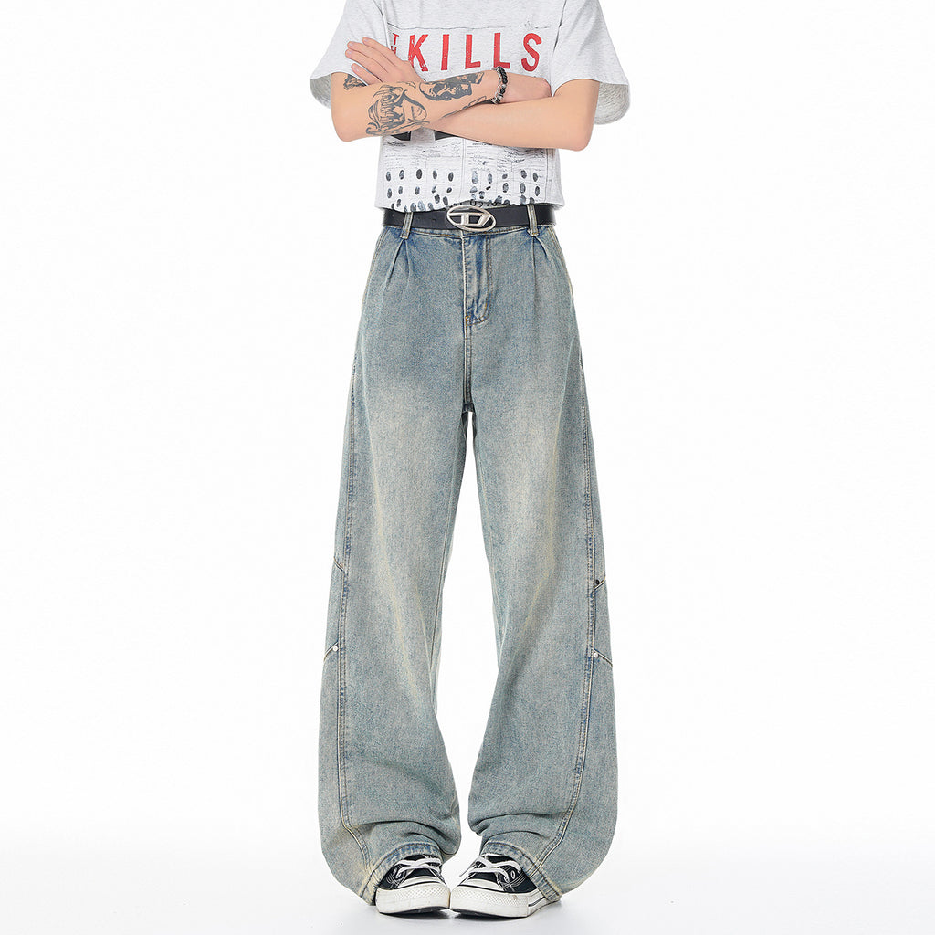 Patchwork Jeans For Men Trendy Washed Wide Leg Pants