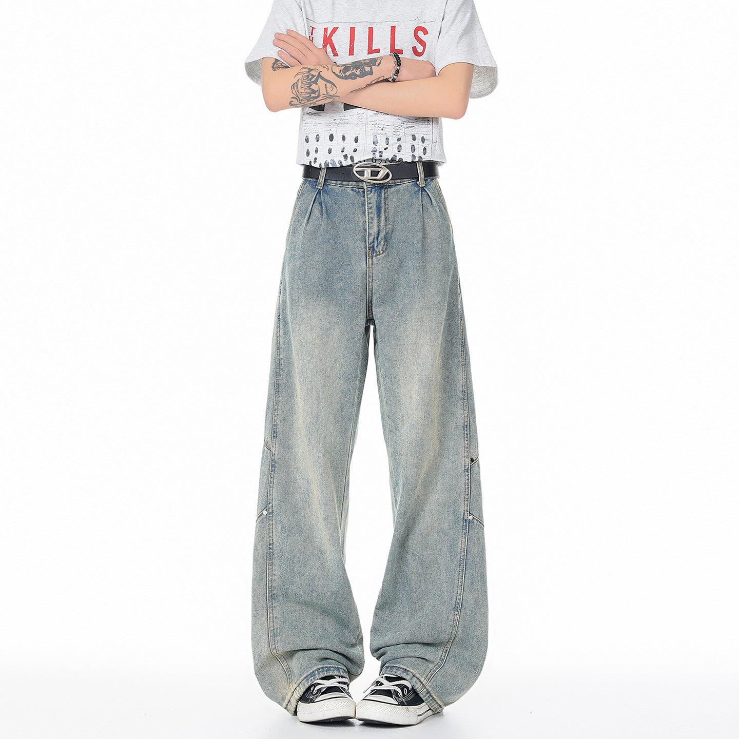 Patchwork Jeans For Men Trendy Washed Wide Leg Pants