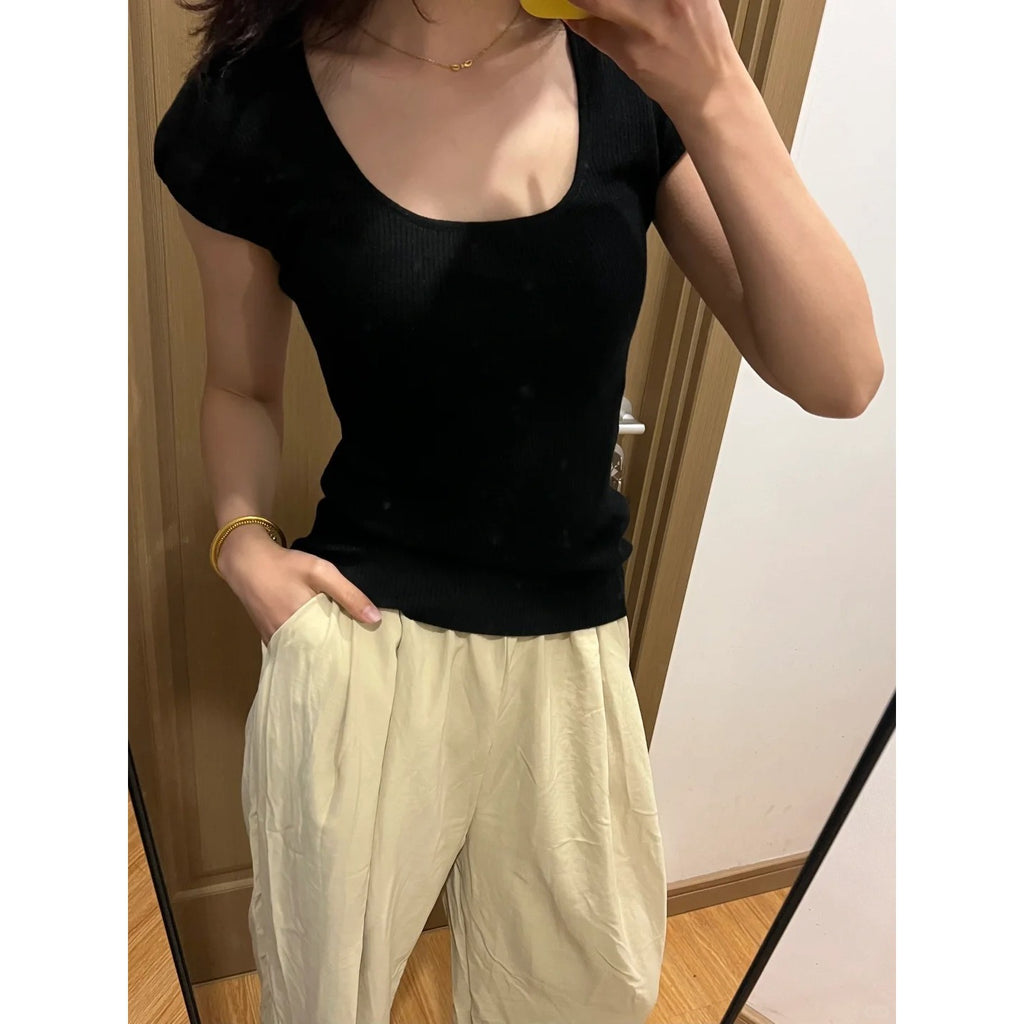 Purple U Neck Ribbed Knit Pullover Top Slim Fit Three Quarter Sleeve