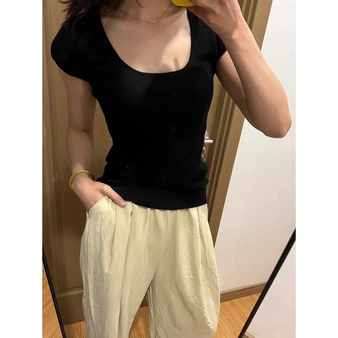 Purple U Neck Ribbed Knit Pullover Top Slim Fit Three Quarter Sleeve
