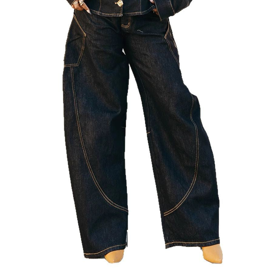 Denim Pants With Curved Hem And Stitched Details Mid Rise Streetwear